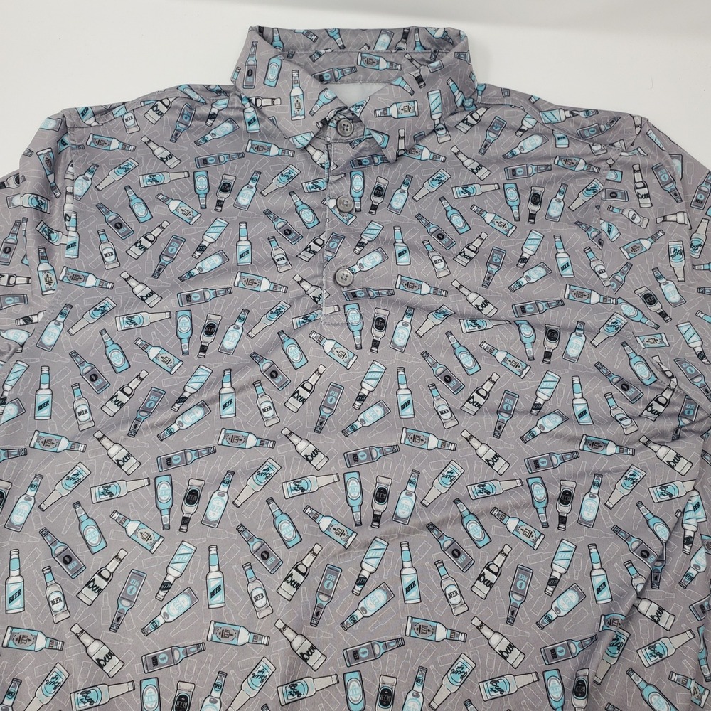 1764 Polo Men S Beer Bottle Print Grey Performance Short Sleeve Button-Down
